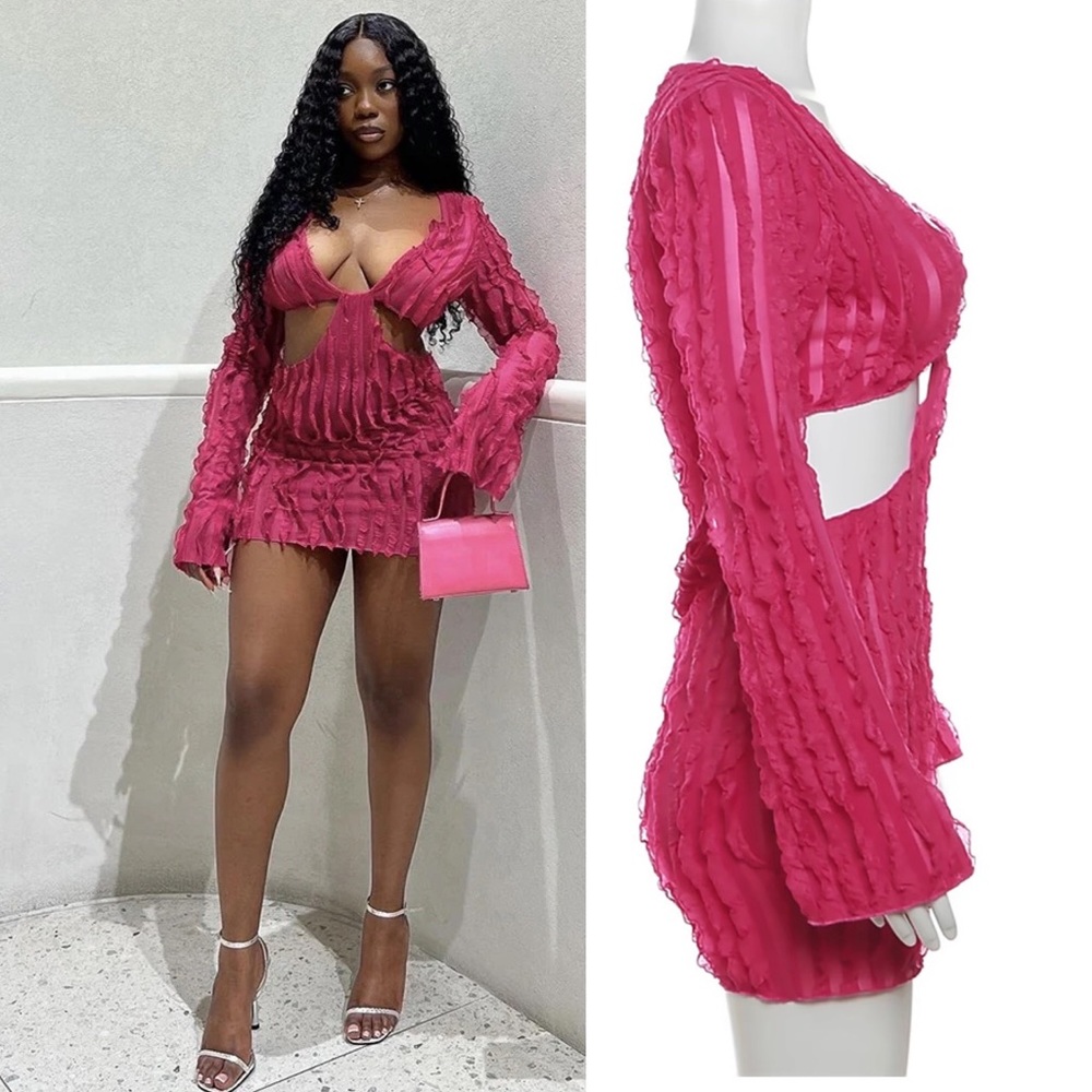 Cut Out Long Sleeve Ruffle Dress